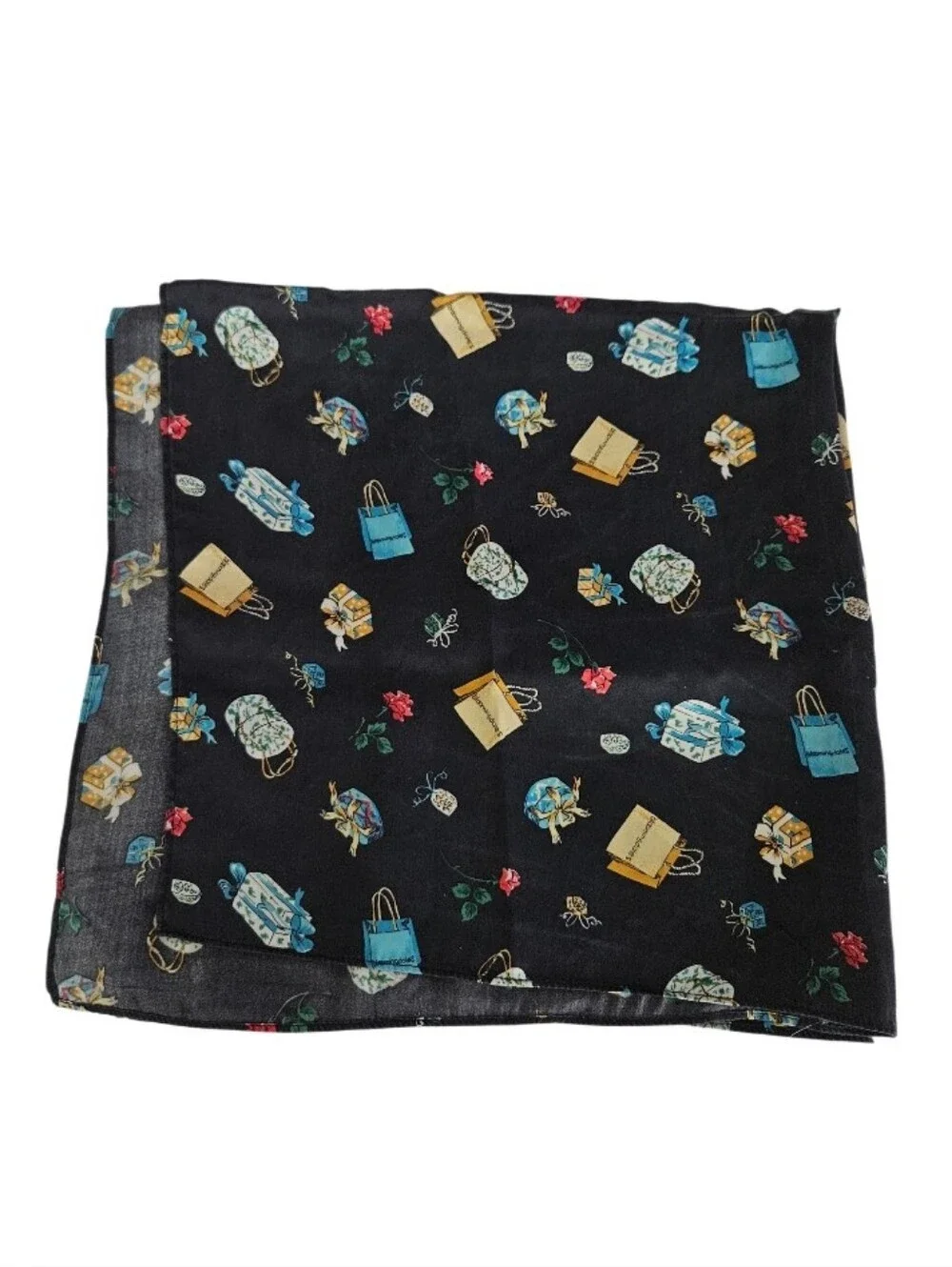 Bloomingdale's Silk Black Printed Silk Scarf with Floral and Bag Motif